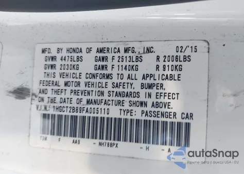 2015 Honda Accord Ex-L V-6 z USA, uszkodzony, nr VIN 1HGCT2B89FA005110